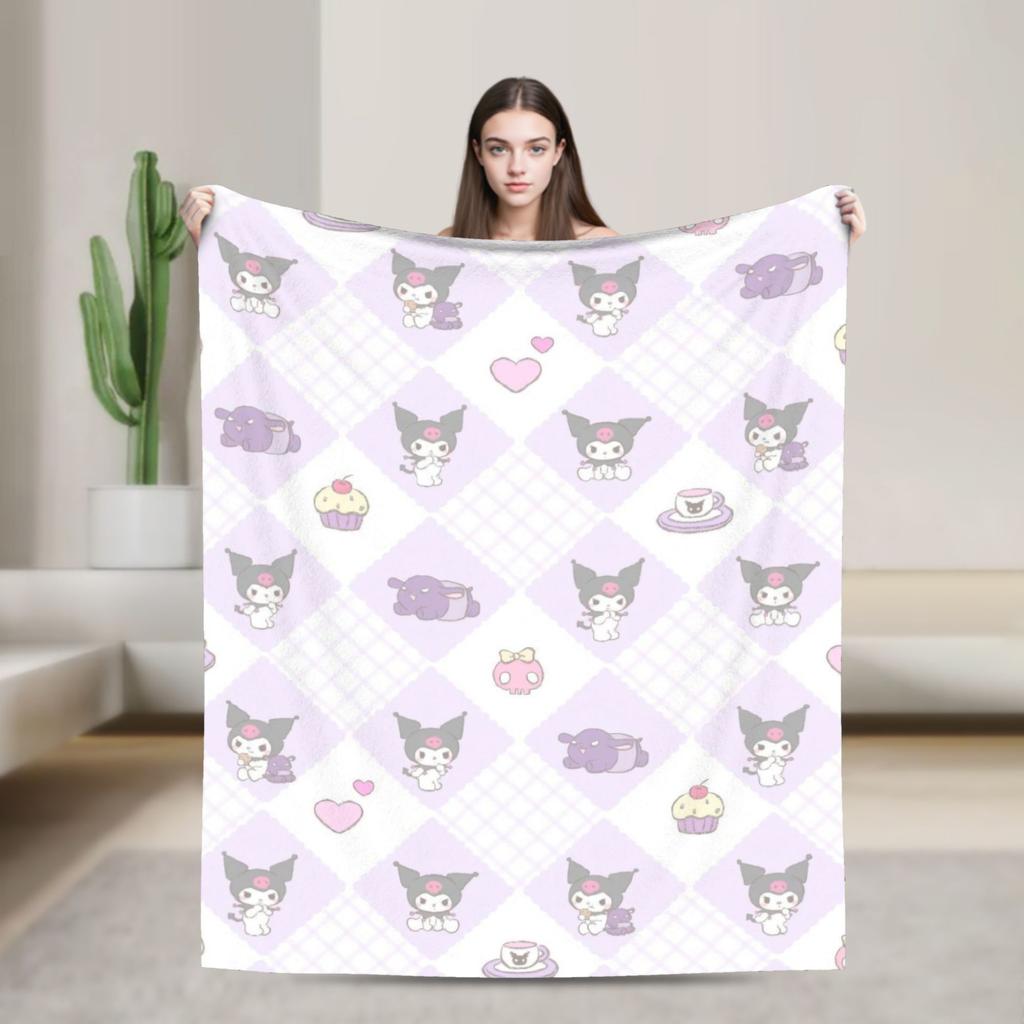 Kuromi Cute Cartoon Blankets Flannel Decoration Plaid Breathable Super Warm Throw Blanket for Bed Car Rug Piece