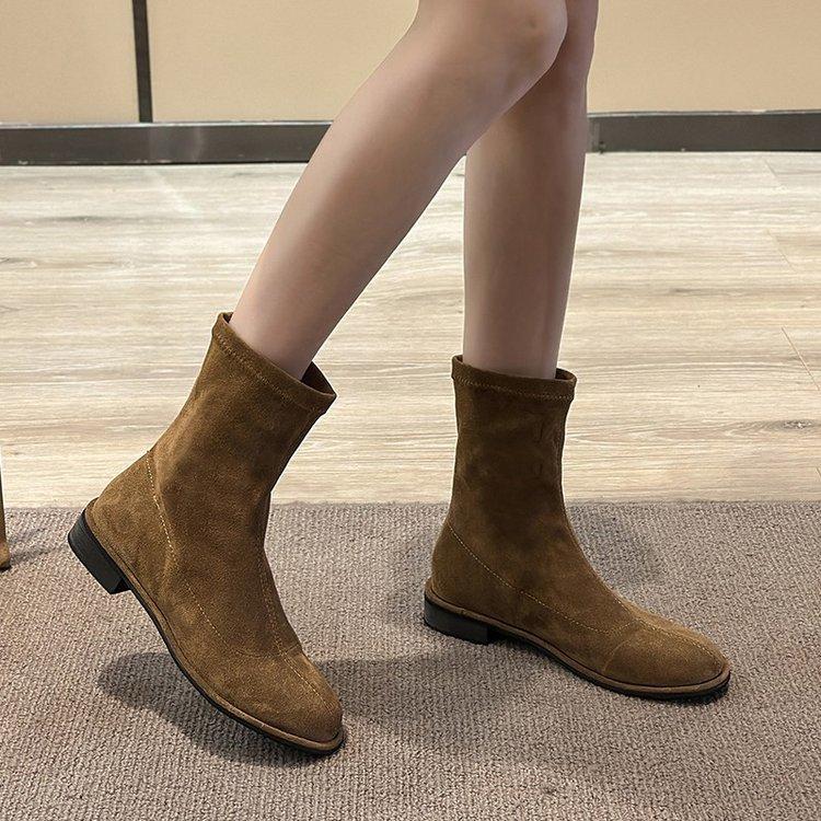 Bottes d'hiver Automne et Hiver Noir Stretch Mode Élégantes Bottes Talon Bas Plates Bottines Femmes Daim Confortables Rétro Chaussures pour Femmes