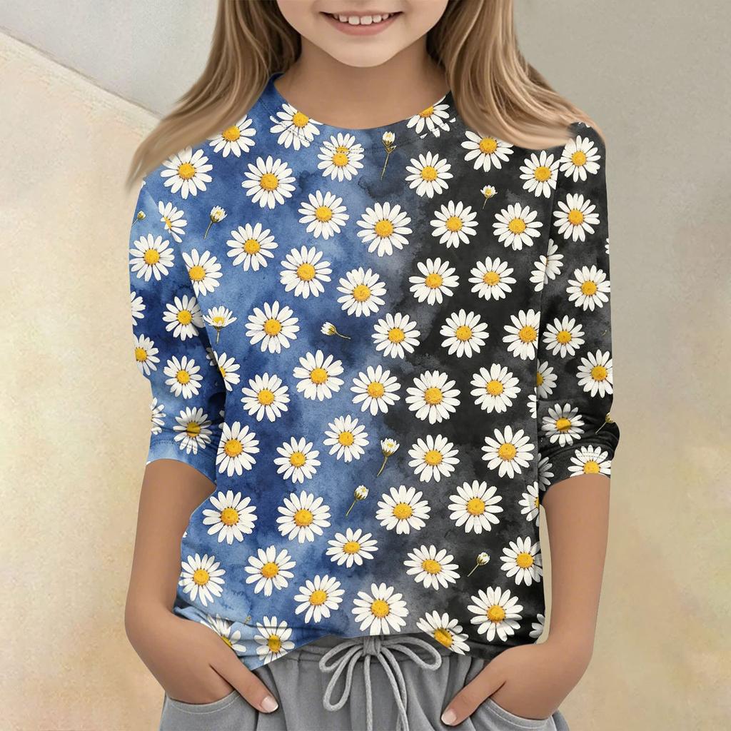 Girls Floral Print Crew Neck Three Quarter Sleeve Casual T Shirt Lightweight Soft Fabric Comfortable Fit Everyday Wear