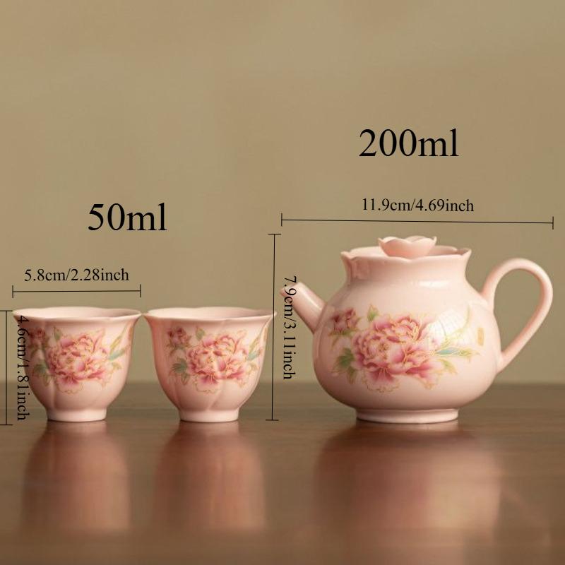 Peony Ceramic Teapot - Exquisite Ladies  Tea Brewing Set One Teapot with Two Cups Home Use Gongfu Tea Set Chinese-Style Tea Set