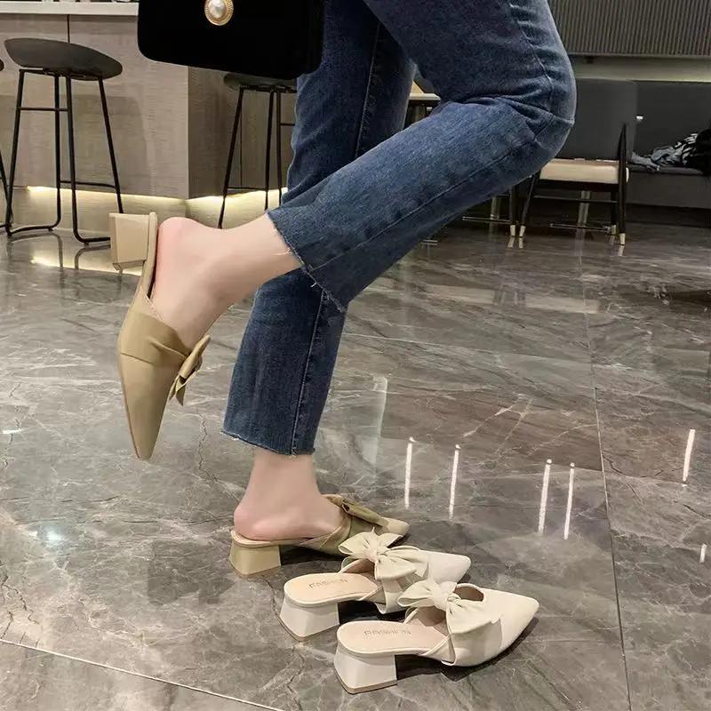 With Bow Low Heel Outside Shoes Khaki Women's Slippers and Ladies Sandals Pointed Toe Slides Mules Korea Style G Luxury H Sandal