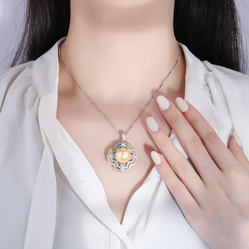 New European and American retro style flower-shaped hollow diamond-encrusted white bead yellow pearl pendant necklace temperament women's