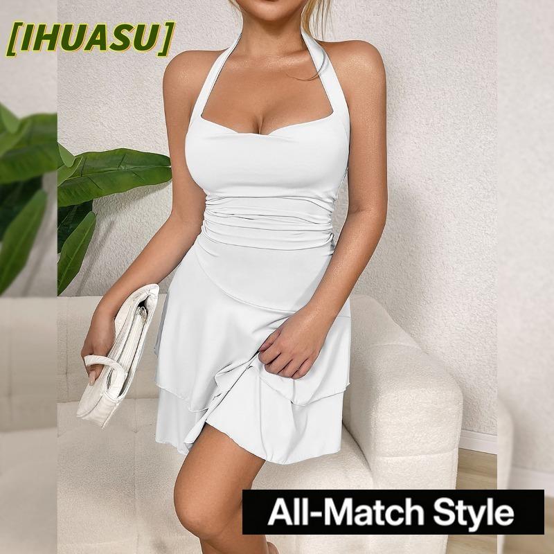 IHUASU Women's Fashion Summer Spring Solid Color Print Sleeveless U-Neck Casual Dresses