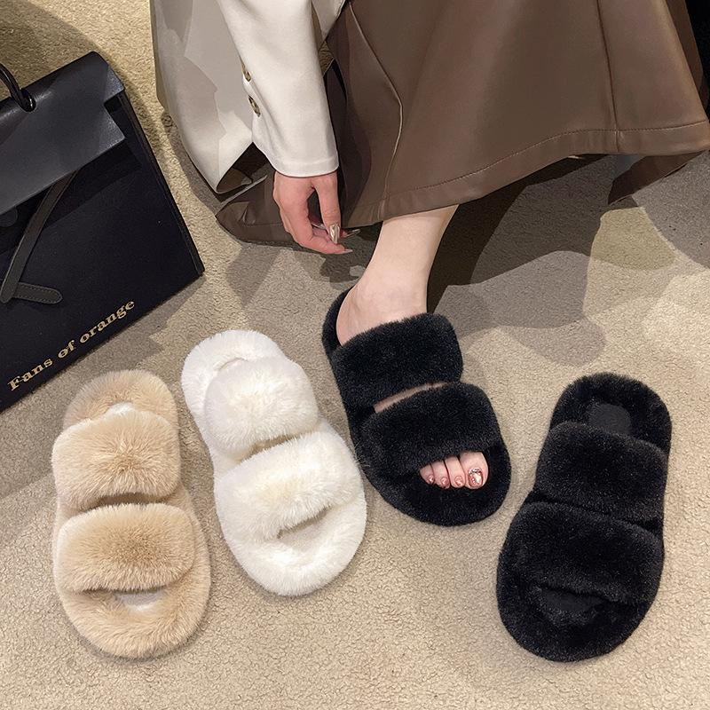 Stepping On Shit Fluffy Slippers Women's Large Size 2025 New Spring and Autumn Fluff Mop Flat-bottomed Plush Shoes One-word Home Cotton Mop