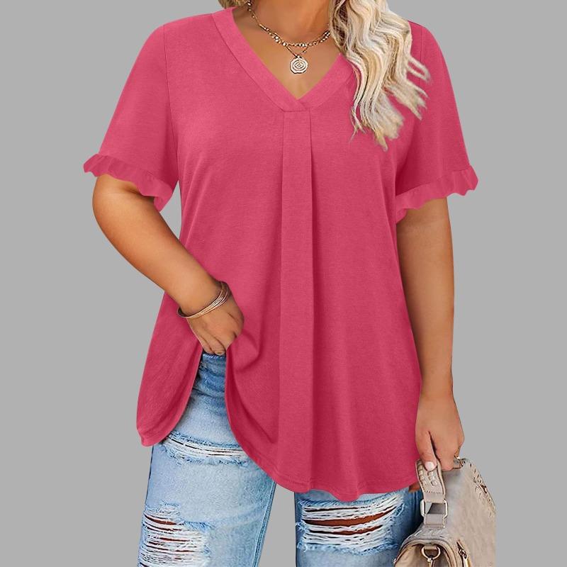 Women S Plus Size Casual Solid Short Sleeve Petal Sleeve V Neck Top