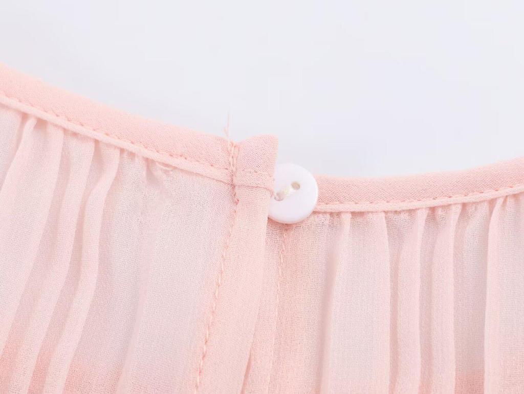 2026 Spring Women's European Style Pink Chiffon Long Dress with Short Sleeves