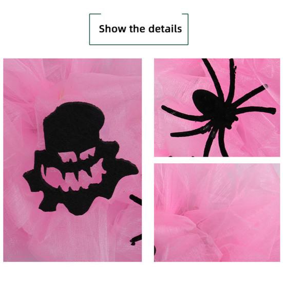 Halloween Wreath Pink Gauze Wreath with Spiders Decorative Front Door