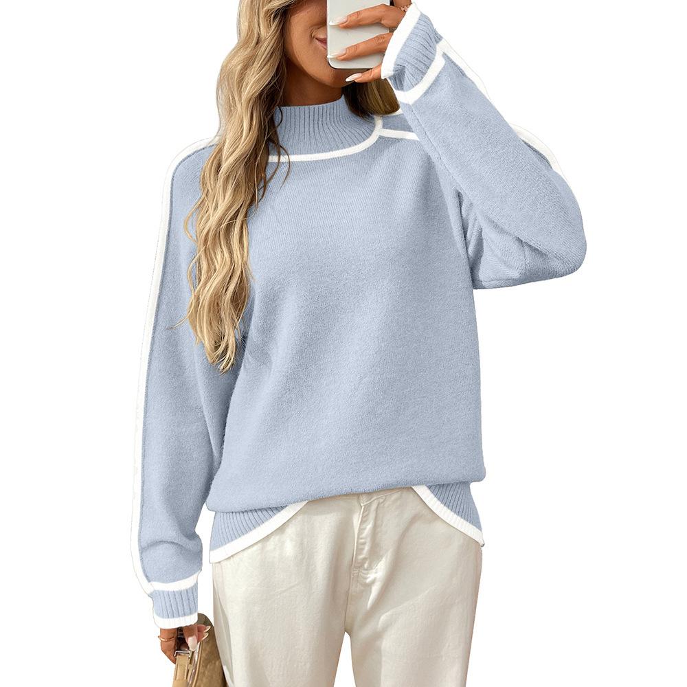 Autumn and Winter Semi High Neck Casual Loose Pullover Lazy Contrasting Women's Sweaters
