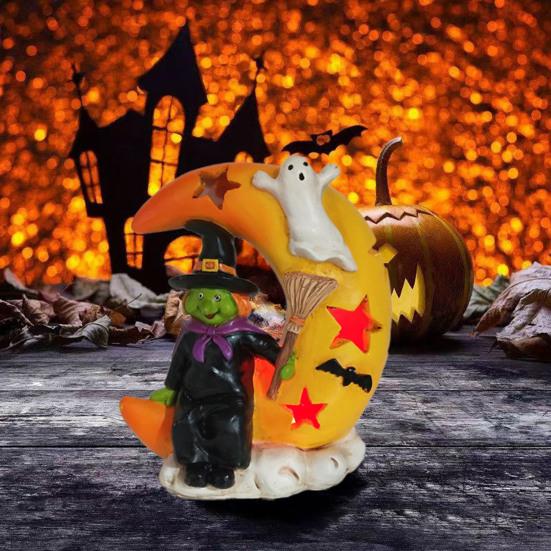 Halloween Decoration Light Up Ghost Pumpkin Witch Moon Figurine Spooky Glowing Resin Statue Tabletop Ornament for Living Room Kitchen Home Decor
