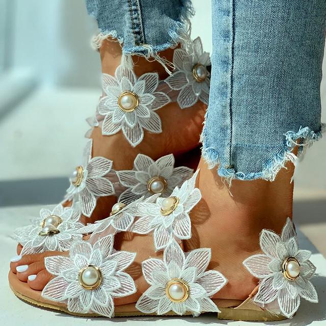 New Summer Ladies Shoes Women Sandals White Floral Flat Sandals Women Bohemian Casual Beach Shoes For Woman