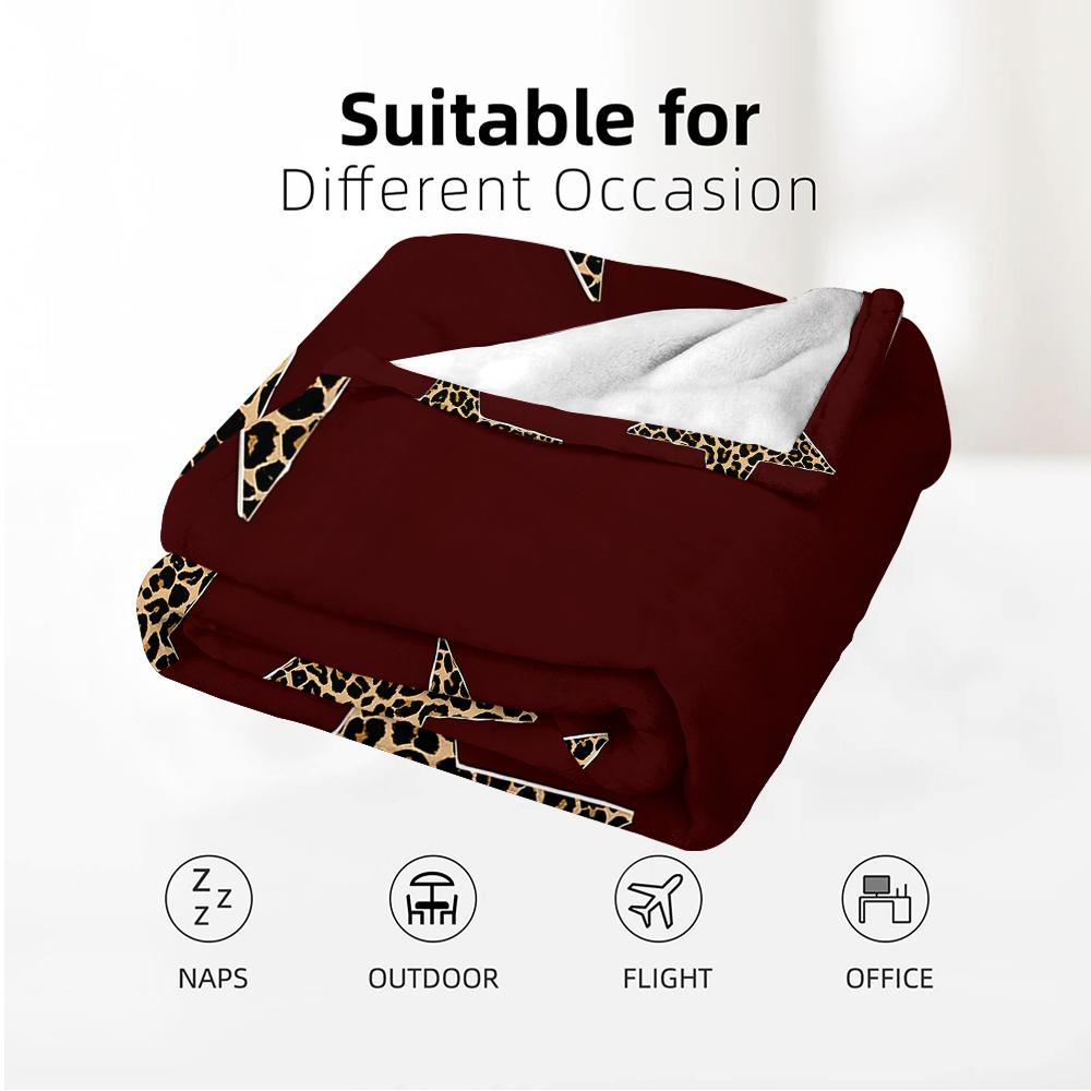 Burgundy Leopard Star Motif Soft Flannel Blanket Breathable Warm Throw for Office Car Sofa Kids Room Birthday Xmas Gift