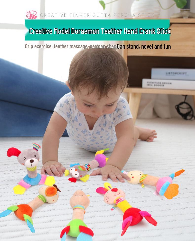 Cute Creative Hand-Crank Baby Grasping Toy with Teether and Bell Plush Rattle