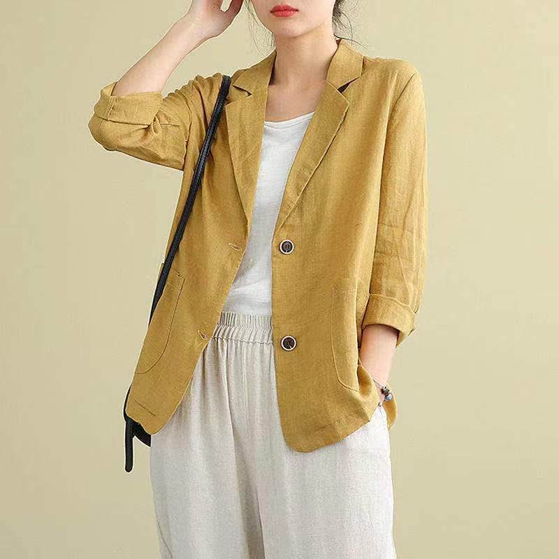 Women's 2024 Spring/Autumn Cotton-Linen Loose Casual Blazer - Plus Size, Long Sleeve, Short Jacket
