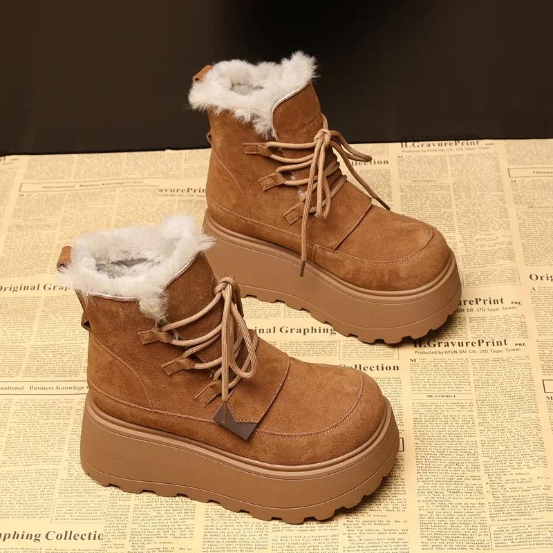 Fashion 7cm Suede Cow Genuine Leather Platform Wedge Ankle Booties Ethnic Flats Winter Plush Autumn Spring Lady Women Boots Shoes