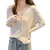 2024 Spring/Summer Slimming Ruffle V-Neck Knit Cardigan - Women's Long Sleeve Base Layer Top