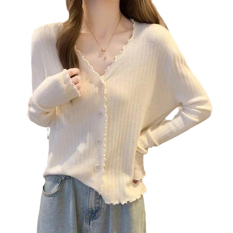 2024 Spring/Summer Slimming Ruffle V-Neck Knit Cardigan - Women's Long Sleeve Base Layer Top