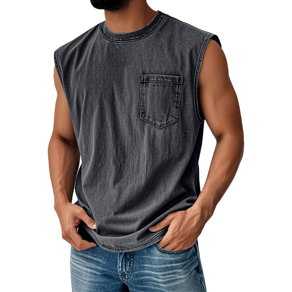 Men Sleeveless Muscle Tank Top Crew Neck Casual Pocket Design Relaxed Fit Vintage Style Shirt for Summer Daily Wear