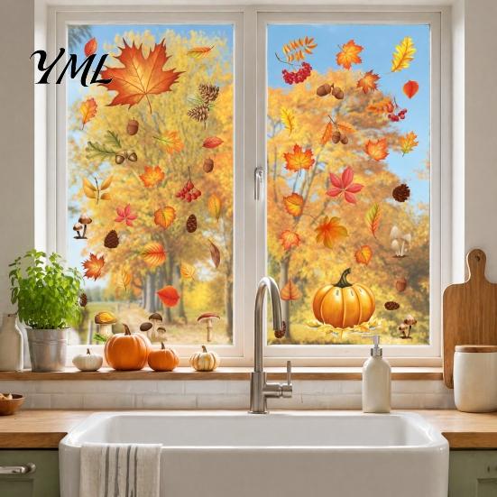Nature Theme Window Art 5Pcs Autumn Maple Pumpkin Static Clings, Fall Harvest Stickers, Decorative PVC Glass Stickers Glue-Free Removable Decor