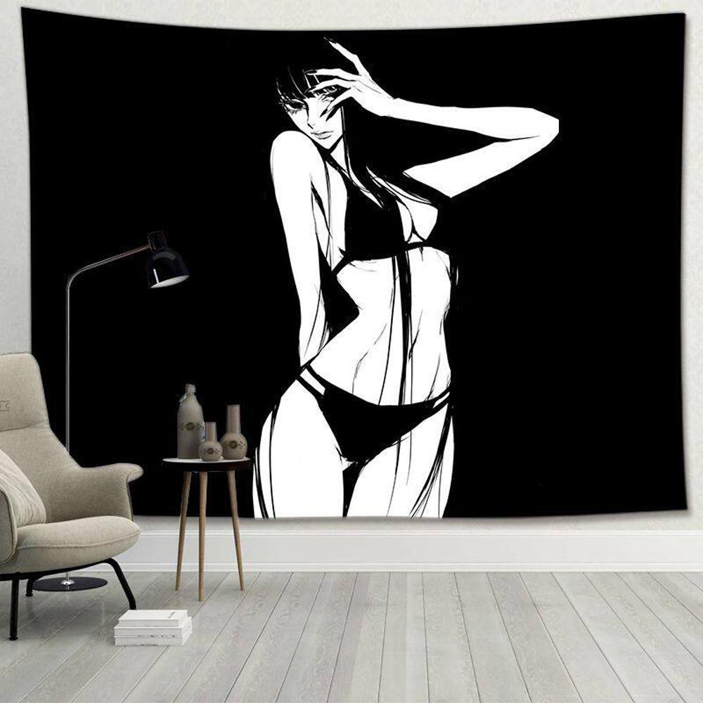 Simple Black White Beauty Tapestry Minimalist Wall Hanging for Anime Room Dorm Bedroom Headboard Decor