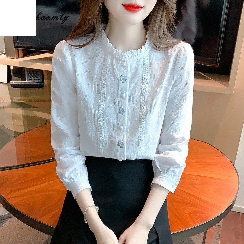 

Корейская шикарная весенне-осенняя женская хлопковая блузка с рюшами на воротнике, белая, синяя элегантная блузка с цветочной вышивкой, милая кавайная милая рубашка