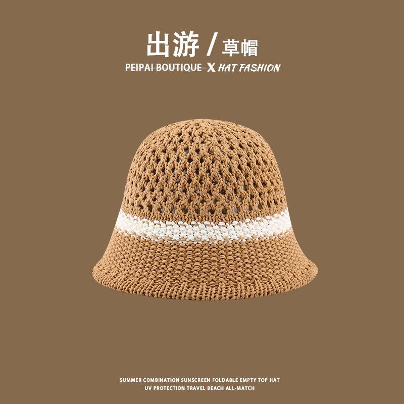 Women's Straw Hat Woven Sunshade Beach Hat Summer Hollow Breathable Bucket Hat Beach Sunshade Hat