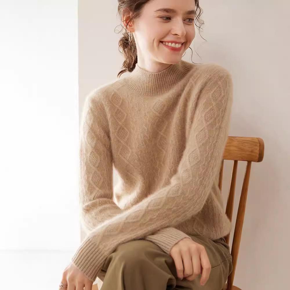 Retro Cable Knit Women's Cashmere High-Neck Pullover Sweater with Slimming Twist Pattern
