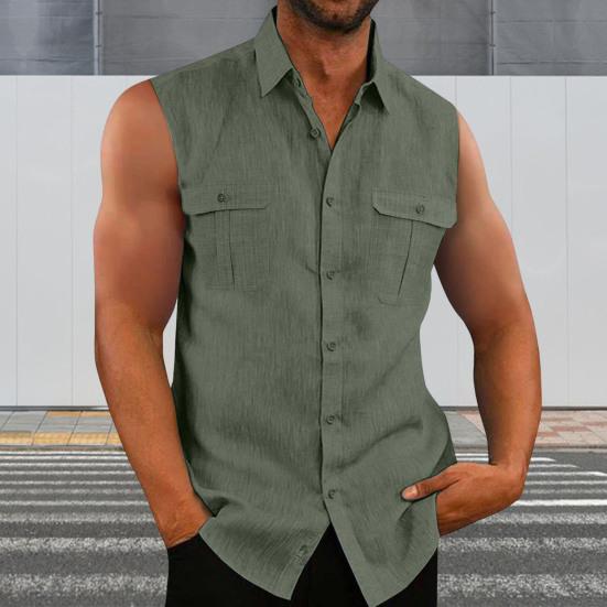 Men Summer Top Sleeveless Solid Color Single-breasted Patch Pockets Mid Length Match Pants Cardigan Lapel Men Summer Vest Men Clothes