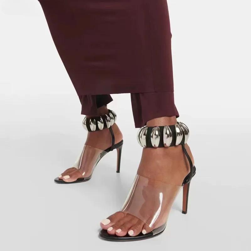 Summer New Brand Fashion Transparent PVC Women Sandals Sequined Ankle Bracelet Stiletto High Heels Gladiator San Shoes