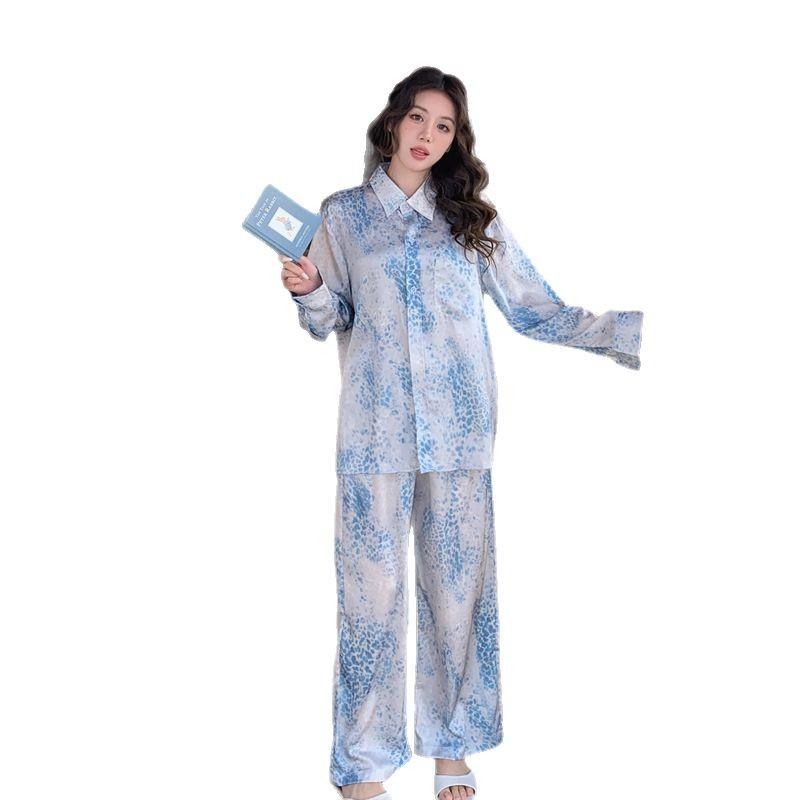 Ice silk pajamas women's spring and autumn long sleeves 1011 new high-end cardigan set simulation silk loungewear set