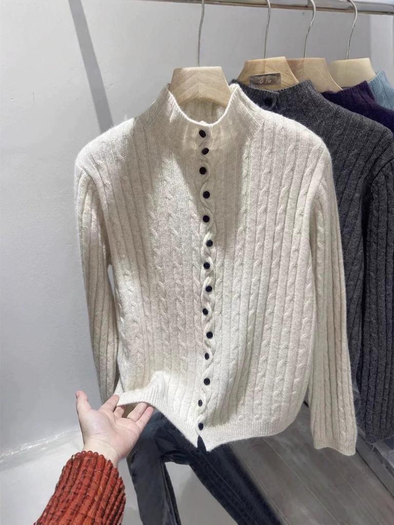 Button-Up Cable Knit Half-High Collar Sweater Cardigan