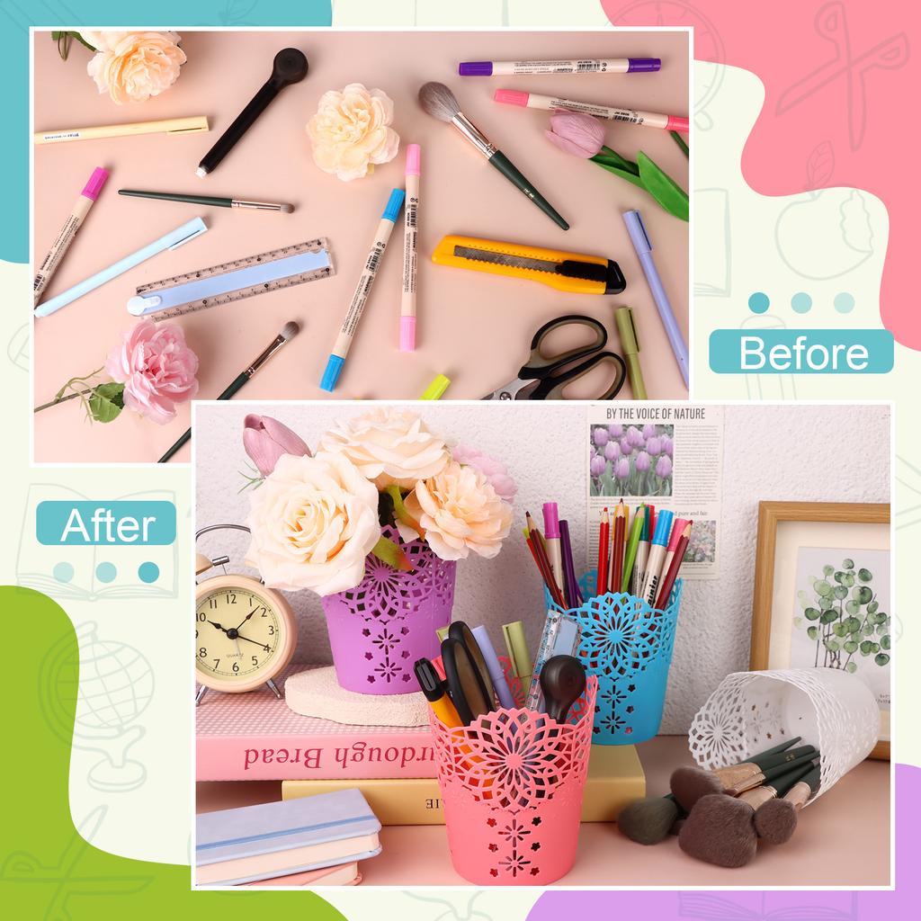 Ulele 10 Pcs Pencil Holder Cup Hollow Flower Pencil Pots Plastic Vase Pen Pot Holder Makeup Brush Storage Organizer Container Or