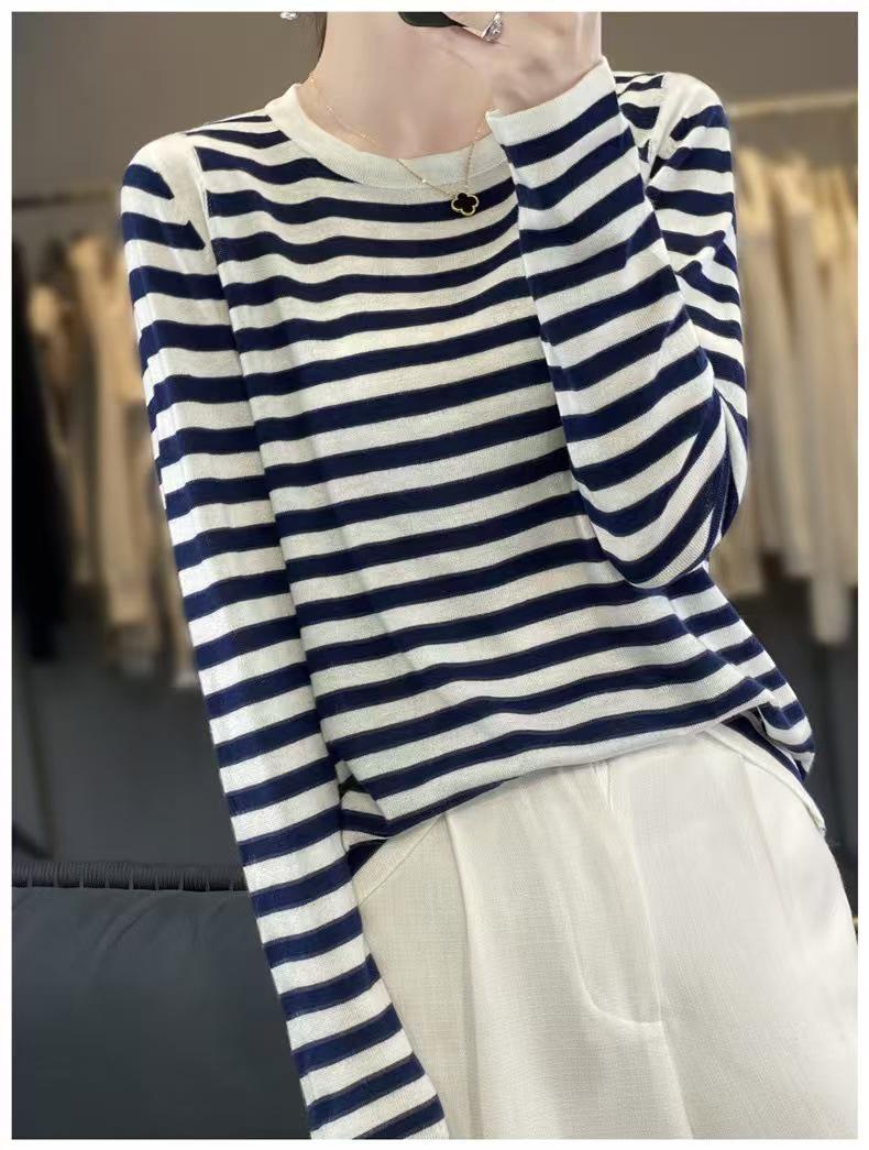 

Autumn Round Neck Women s Slim Striped Knitwear - Loose, Micro-Transparent, Short Raglan Sleeve Korean Style Top Large