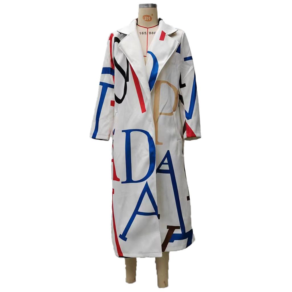 Trench coat nadměrné velikosti - Oversized trench s botanickým potiskem a klopovým límcem, vlněná směs přátelská ke křivkám, svrchní oděv pro práci i víkend