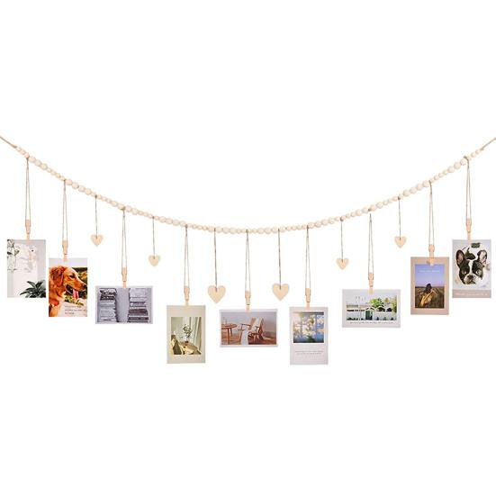 Photo Frame Hanging Rope Bohemian Style Wooden Beads Handmade Non-slip with Clip DIY Craft Gift Wall Picture Mats Clip Holder Organizer Home Decor