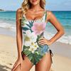 Women Swimsuit Floral Print with Adjustable Side Ties Scoop Neck Bathing Suit for Swimming Pool Beach Sports
