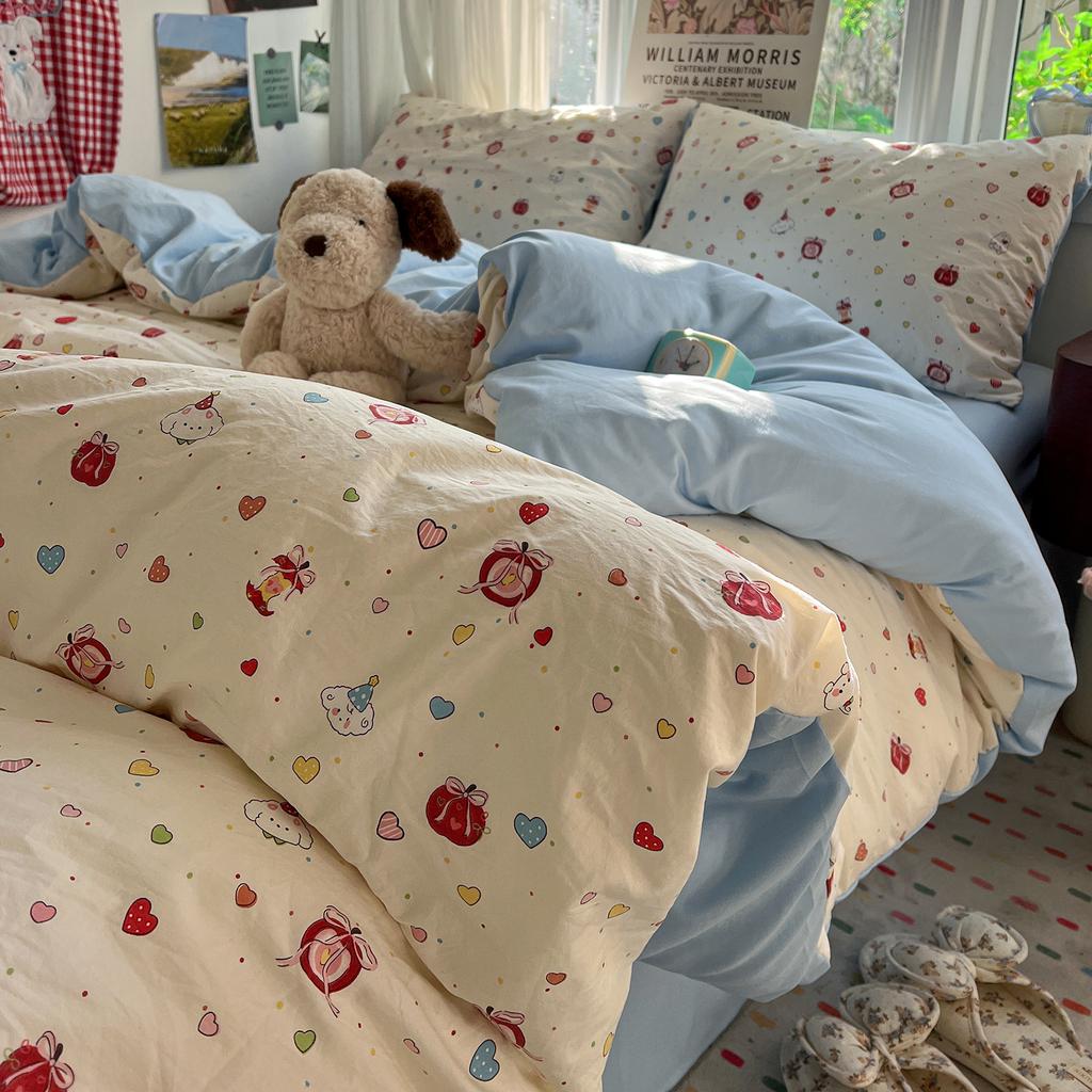 Korean Style Bedding Sets Floral Flat Sheet Duvet Cover Pillowcase Twin Queen Full Size No Filling Fitted Sheet Set Home Decor