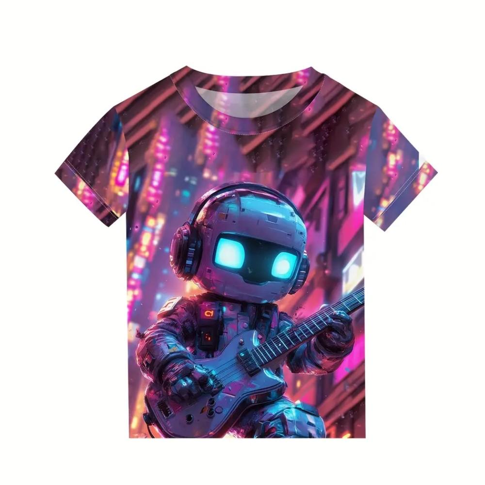 2025 Kids Clothes Cartoon Guitar Printed Short Sleeve T-Shirt Summer Outdoor Casual Crew Neck Tee Children's Clothing T-Shirts