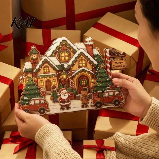 Rustic Winter Home Accents Christmas Wooden House Ornament, Santa Claus/Snowman/Elk Sleds/Winter Cabins Elk Sleigh Tabletop Decor Scene Figurines,