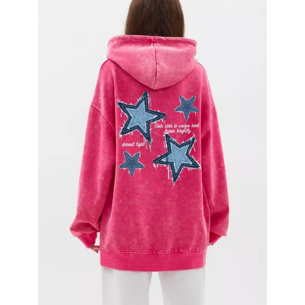 Übergroßer Damen-Wasch-Hoodie Imitat-Denim Sternmuster-Print Pullover Bequemer Warmer Baumwoll-Hoodie Freizeitkleidung