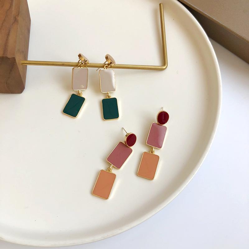 Contrasting Colors Square Dangle Earrings for Women Green Orange Enamel Oil Round Drop Earrings Party Sweet Jewelry Gift