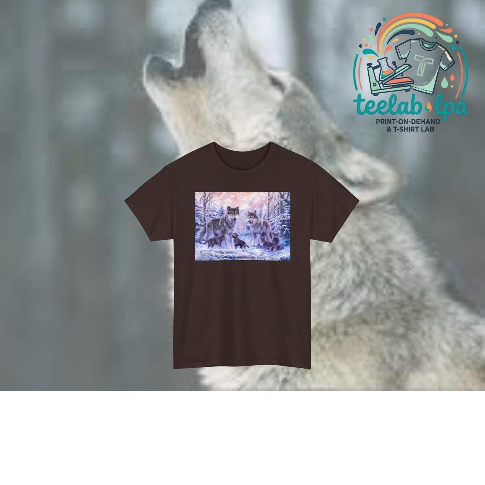 Vintage Wolf Family in Snowy Forest Print T-Shirt, Black and White Retro Graphic, Nature Style 3XL
