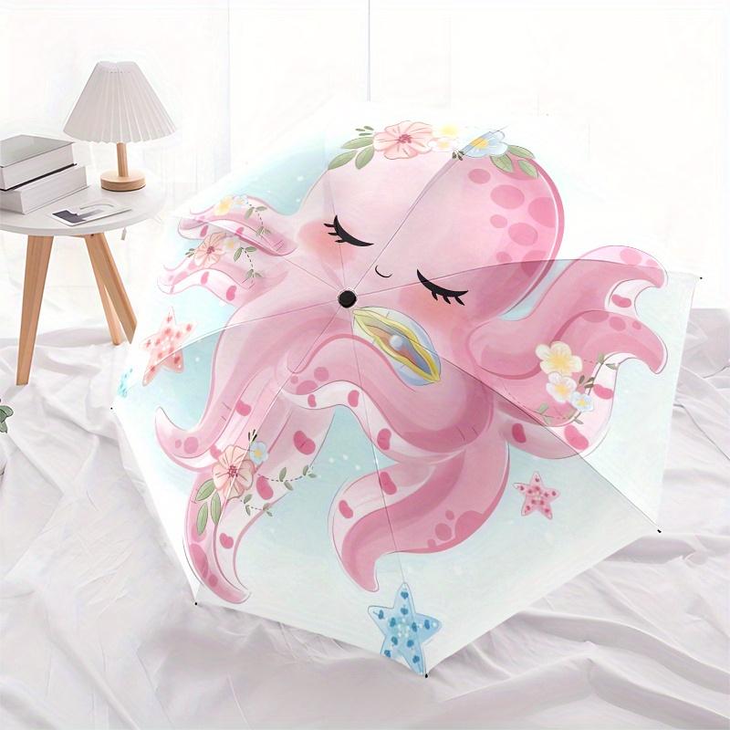 Oktopus, Blumiger Automatischer Faltregenschirm Einfaches 8-Rippen-Design, Helles Cartoon-Muster, Langlebiger Eisenrahmen, Geeignet Für Reisen, Outdoor, Se
