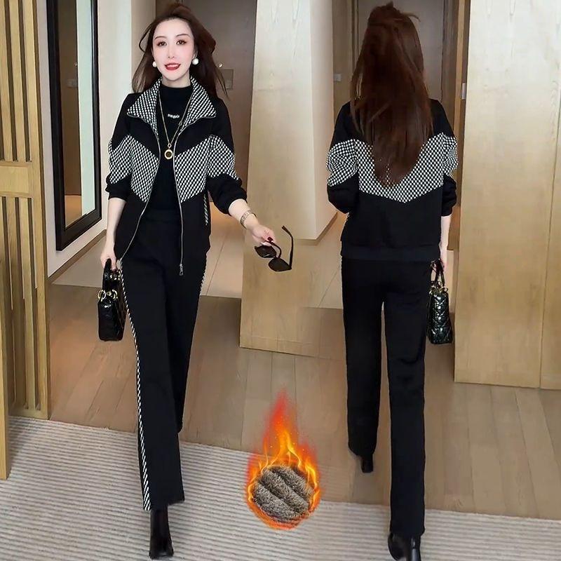 Thickened Velvet Casual Sports Suit for Women in Winter Fashionable Western Style Stand-up Collar Cardigan Wide-leg Pants Two-piece Set