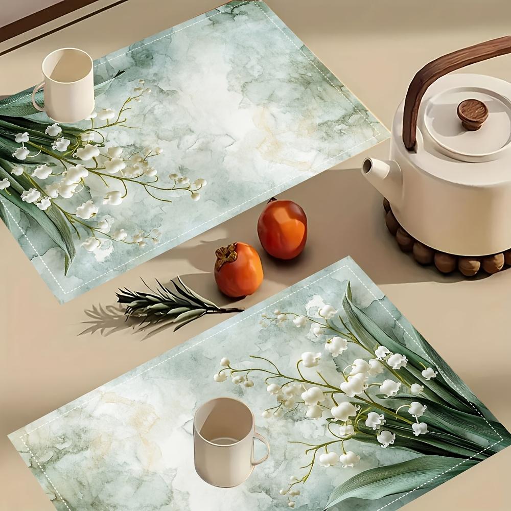 4pcs Elegant Marble & Lily Design Linen Placemats, 12x18 Inch - Ideal for Kitchen, Dining Room Decor, Home Dinner Parties & Party Table Settings,