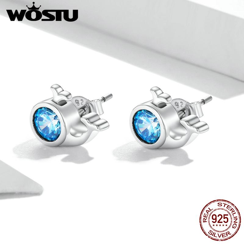 

WOSTU Ослепительный океан, стерлинговое серебро 925 пробы, мини-гвоздики в виде кита, серьги-гвоздики с синими цирконами для женщин и девочек, вечерние ювелирные украшения 925 silver