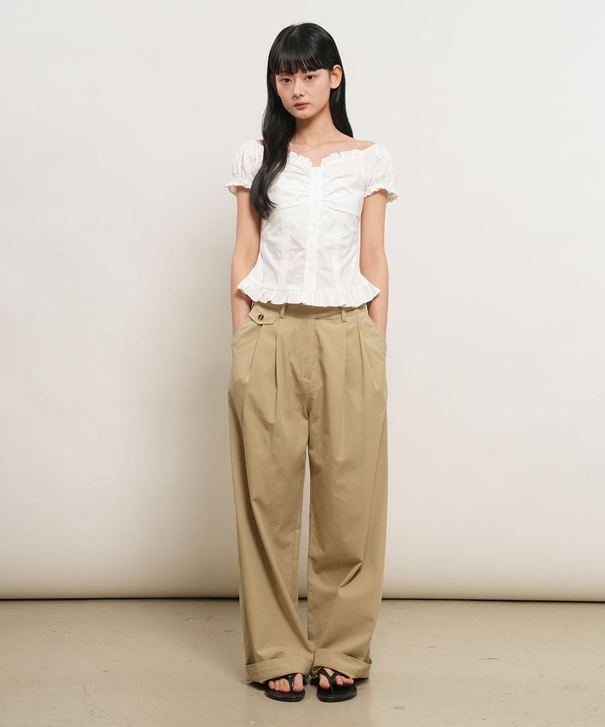 GENERALIDEA Cap Sleeve Heart Neck Shirred Blouse [White] / Wbe2L03530