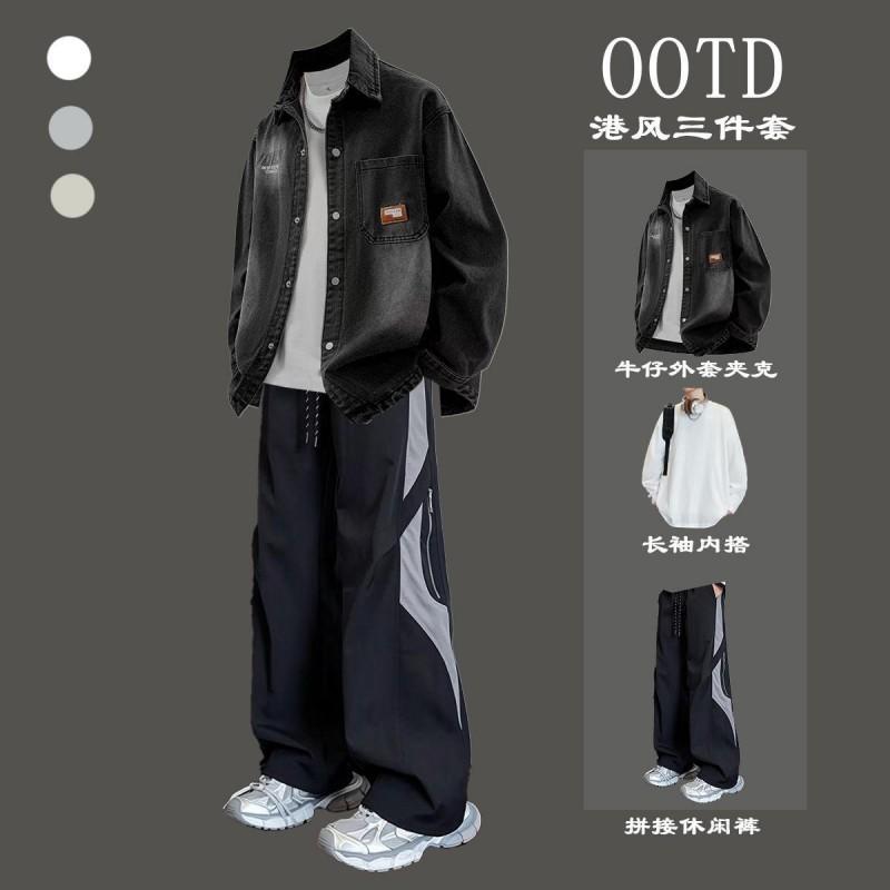 2026 Mens Vintage Denim Jacket Set Streetwear Trendy Slim Fit Casual Outfit