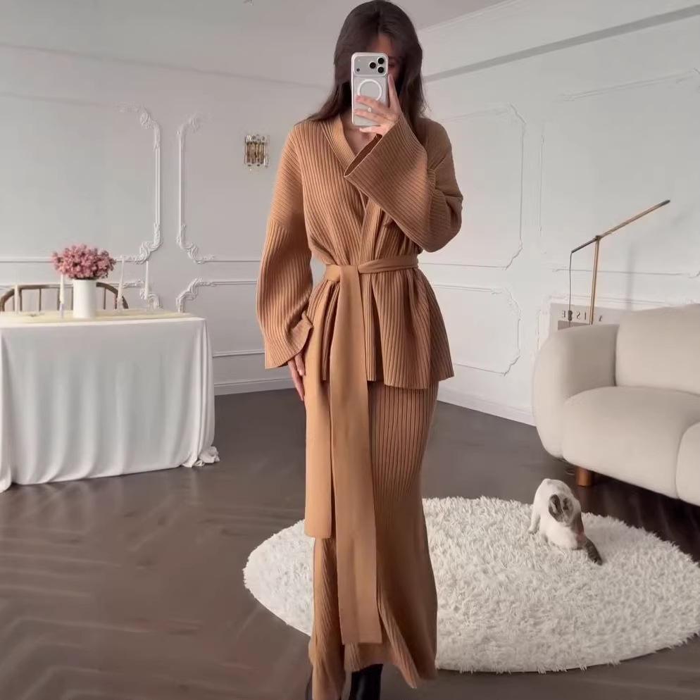 Elegant Knit Lace-up Sweater & Long Skirt Set - 2026 Autumn Collection for Women