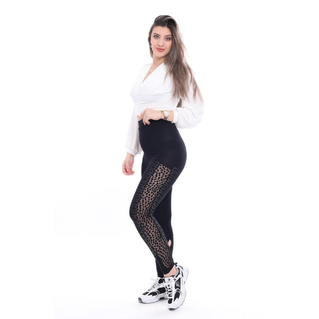 Women's Black Stone Embroidered Polka Dot Tulle Leggings