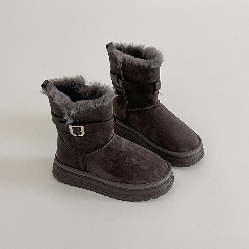 Design sense with skirt round head thick sole belt buckle Martin boots winter fashion retro velvet warm flat bottom snow boots
